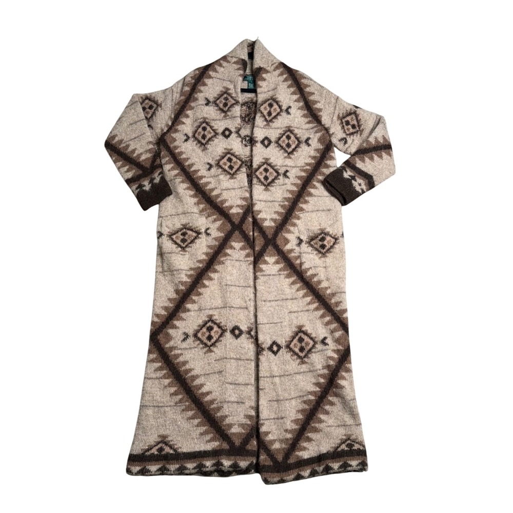 Lauren Ralph Lauren Duster Cardigan Womens‎ L Brown Llama Wool Southwestern